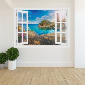 3D Window Landscape in Corfu island, Wall Decal Vinyl, 3D Wall Art, Vinyl Peel and Stick removable Home, wall sticker, Greece O#111