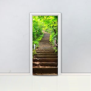 3D Stairway Door mural Self adhesive door wrap, removable peel & stick door covering, sticker door, forest, footpath, foliage, nature, D#82