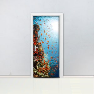 Underwater reef coral Door mural Self adhesive door wrap, removable peel & stick door covering, sticker door, sea, ocean, fish, water, D#54