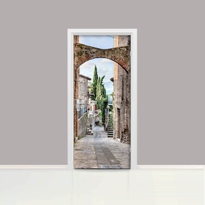 3D Alley Old Town Door mural Self adhesive door wrap, removable peel & stick door covering, sticker door cover, umbria, italy, todi, D#6