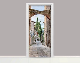 Mural de puerta 3D Alley Old Town, revestimiento de puerta autoadhesivo, revestimiento de puerta despegable y pegable, cubierta de puerta con calcomanía, Umbría, Italia, Todi, D#6