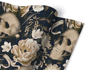 May include: A seamless pattern featuring a skull and floral design. The skull is beige and white, and the flowers are beige and white on a dark blue background.