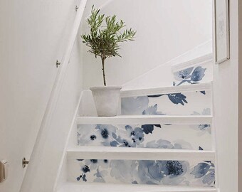 10 Streifen von Stair Riser - Kalte Blumen in Aquarellfarben, rückstandsfrei entfernbare Aufkleber für Treppen, Treppen oder Rückwände S # 32