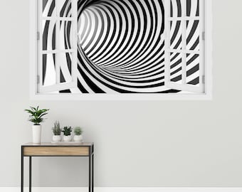 May include: A white window frame with a black and white spiral pattern inside. The window is open and the spiral pattern appears to be a tunnel.