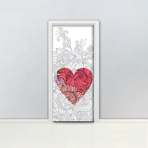 Floral Heart Door mural Self adhesive door wrap, removable peel & stick door covering, sticker door cover, love, flowers, red, D#11