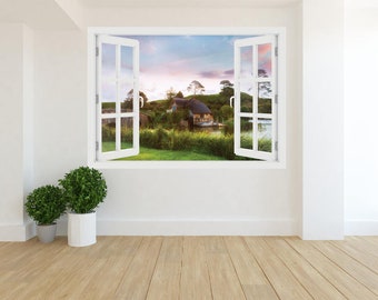 Paisagem de janela 3D de Shire, Nova Zelândia, decalque de parede em vinil, arte de parede 3D, vinil removível com adesivo para casa, adesivo de parede, Hobbiton, O#115
