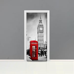 3D London Street Door mural Self adhesive door wrap, removable peel & stick door covering, sticker door, Big Ben, UK, booth, england, D#31