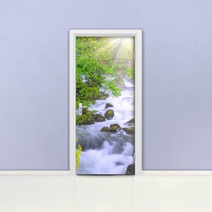 Stream in the forest Door mural Self adhesive door wrap, removable peel & stick door covering, sticker door, nature falls river, stone D#120