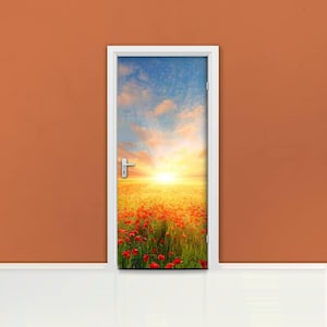 Poppy seed meadow Door mural Self adhesive door wrap, removable peel & stick door covering, sticker door, sunset, spring, summer, green D#93