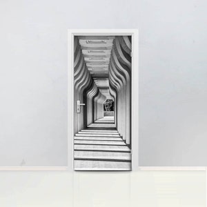 3D Corridor Door Mural Self adhesive door wrap, removable peel & stick door covering, sticker door cover, passage black and white, D#16