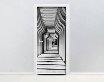 3D Corridor Door Mural Self adhesive door wrap, removable peel & stick door covering, sticker door cover, passage black and white, D#16