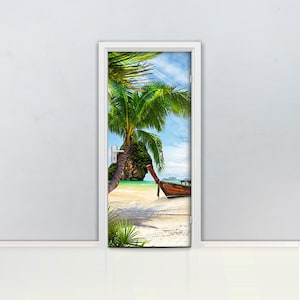 Tropical Beach Door mural Self adhesive door wrap, removable peel & stick door covering, sticker door, caribbean islands, ocean, boat D#125