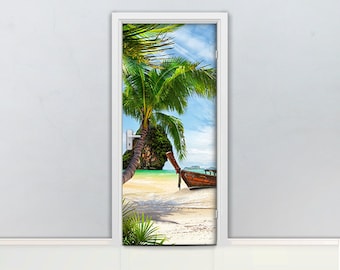 Tropischer Strand Türbild selbstklebende Türfolie, Meer, Boot, karibische Inseln, Wandbild, selbstklebende Türfolie, Wandbild mit Boot D#125