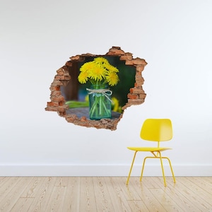 Gelbe Wildblumen in einem Glas 3D Loch in der Wand Wandaufkleber, Aufkleber, 3D Wandkunst, Bubble Free Sticker, Dekoration W#42