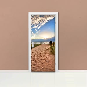 Sunset and pathway Door mural Self adhesive door wrap, removable peel & stick door covering, sticker door, lake, sea summer, sand, D#109