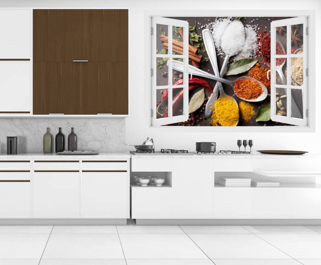 Spoon Window Sticker 3D Window Various Spices Spoons on Stone Table, Wall Decal Vinyl, 3D ...