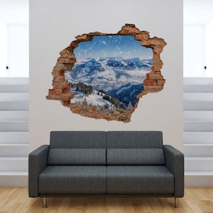 Landscape of winter in mountains 3D hole in the wall Wall Sticker, Decal  3D Wall Art  Bubble Free Sticker, Home Decoration W#46