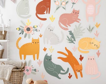 Katzen und Blumen Wandaufkleber für Kinderzimmer, Beige Baby Zimmer Dekor, Tiere Wandtattoo für Kinderzimmer, selbstklebende Aufkleber