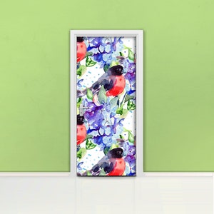 Watercolor bird patten Door mural Self adhesive door wrap, removable peel & stick door covering, sticker door cover, bloom, paint, D#20