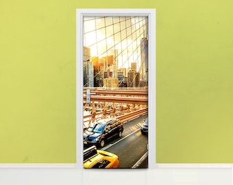 Mural de puerta de la ciudad de Nueva York, revestimiento autoadhesivo para puerta, revestimiento de puerta despegable y pegable, calcomanía para puerta, Brooklyn, calle, puente, imperio, D#42