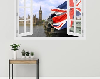 3D Window Big Ben in London and Great Britain flag, Wall Decal Vinyl, 3D Wall Art, Vinyl Peel and Stick removable Home, wall sticker, O#70