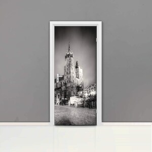 Kraków Door mural Self adhesive door wrap, removable peel & stick door covering, sticker door, old town, city, Cracow Market, Church, D#87