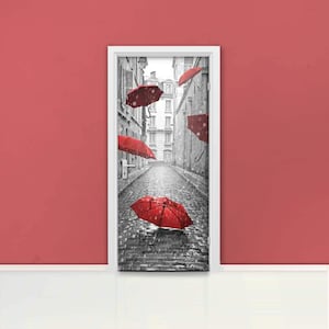 Paris Alley Door mural Self adhesive door wrap, removable peel & stick door covering, sticker door, umbrella, france, street, avenue, D#78