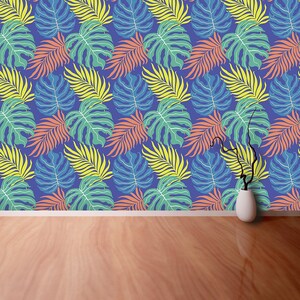 Tropical jungle traditional paste & glue or removable photo mural | wallpaper Beautiful tropical jungle, floral pattern with palm leav W#340