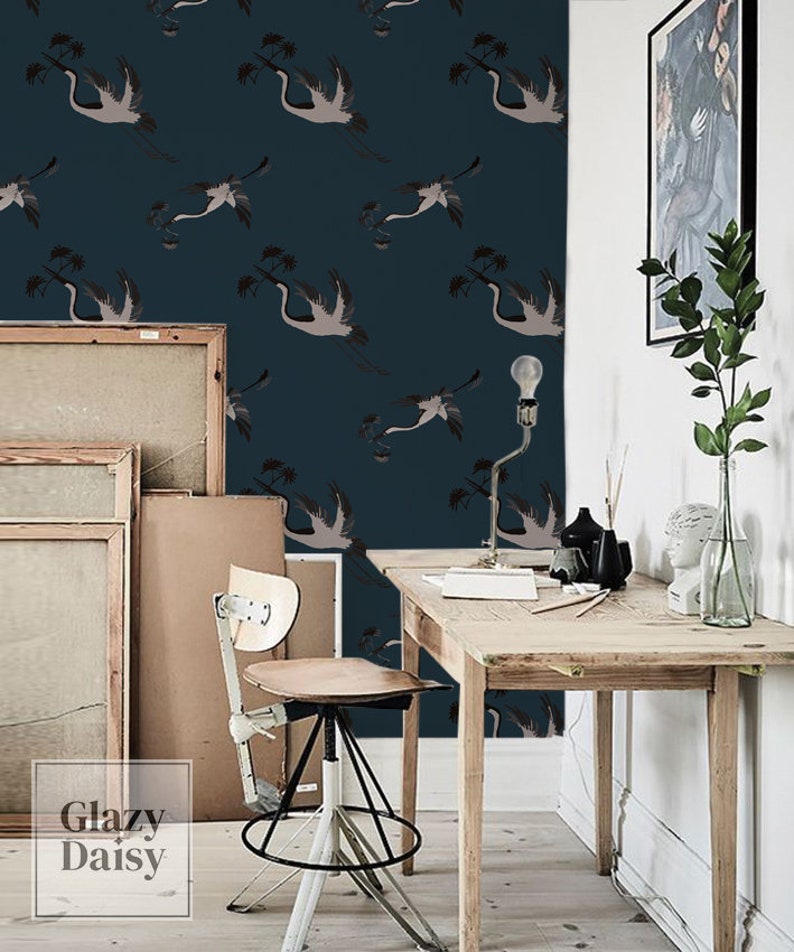 Japanese Woodcut birds sapphire 84 wallpaper removable | Etsy