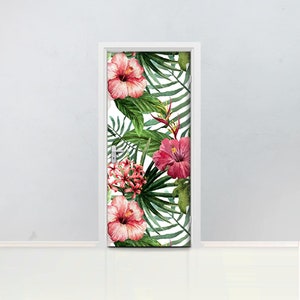 Tropical flowers pattern door mural Self adhesive door wrap, removable peel & stick door covering, sticker door, nature, watercolor, D#33