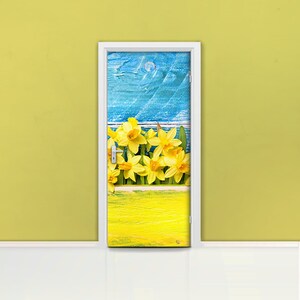Yellow flowers Door mural Self adhesive door wrap, removable peel & stick door covering, sticker door, blue, colorful, garden, D#102