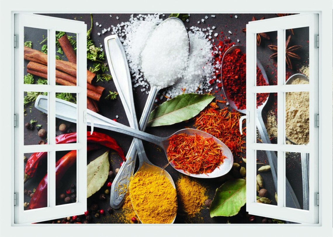 3D Window Various Spices Spoons on Stone Table, Wall Decal Vinyl, 3D ...