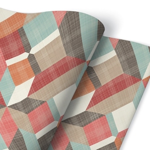 Puede incluir: Un patrón geométrico con un efecto de tejido texturizado. El patrón presenta un diseño repetitivo de cuadrados y rectángulos en tonos de rojo, naranja, azul, marrón y blanco.