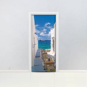 3D Aegean Alley Door mural Self adhesive door wrap, removable peel & stick door covering, sticker door cover, cyclades, architecture, D#14