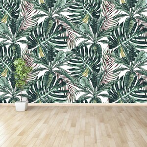 Jungle traditional paste & glue or removable photo mural | wallpaper Tropical palm leaves, jungle, floral pattern  temporary wallpaper W#326