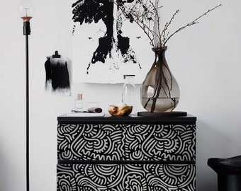 IKEA MALM Kommode abstraktes schwarz und weißes Muster, wieder ablösbare Möbelsticker, Möbelsticker, Ikea Dekor, M#20