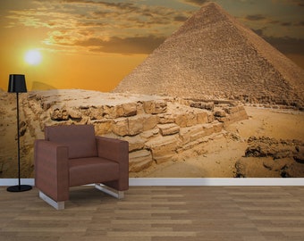 Pirámide de Egipto, autoadhesivo, despegar y pegar, foto 3D, mural realista, papel tapiz, mural de pared, papel tapiz extraíble, puesta de sol, W#22