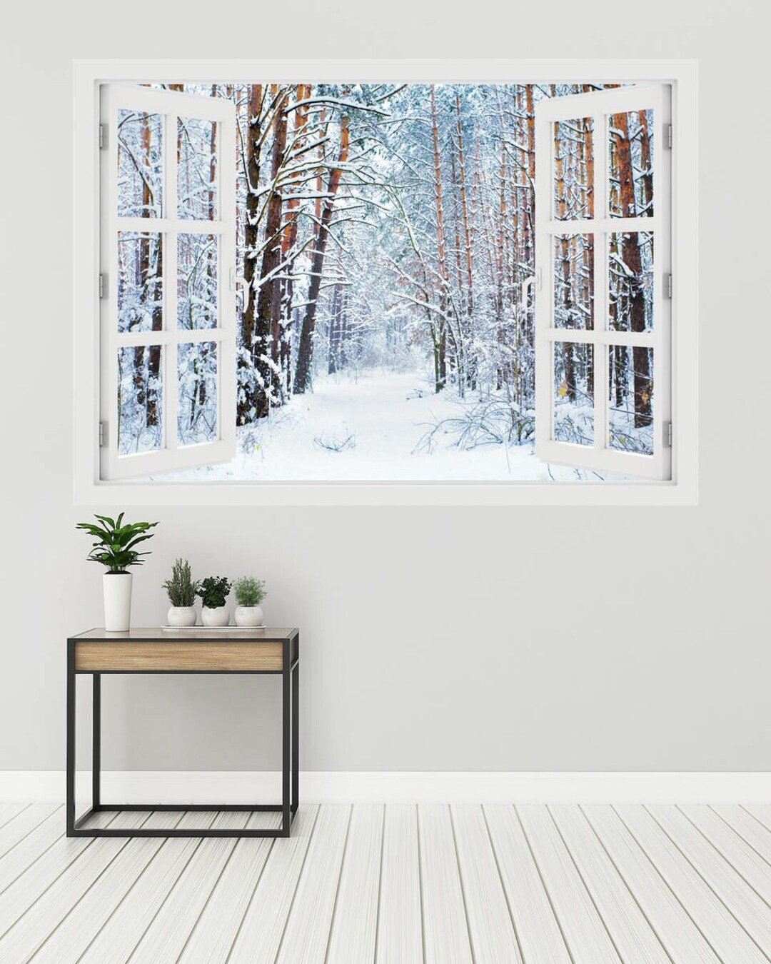 3D Window Pine Forest Covered With Snow, Wall Decal Vinyl,