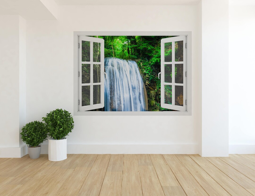 3D Window Erawan Waterfall in Forest, Wall Decal Vinyl, 3D Wall Art ...