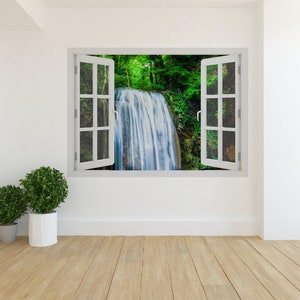 3D Window Erawan Waterfall in forest, Wall Decal Vinyl, 3D Wall Art, Vinyl Peel and Stick removable Home, wall sticker, nature, jungle, O#9