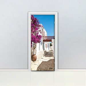 3D Greece Alley Door mural Self adhesive door wrap, removable peel & stick door covering, sticker door, aegean, holiday, sunny, flower D#131