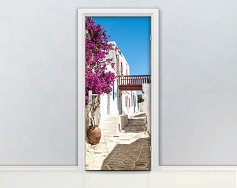 3D Greece Alley Door mural Self adhesive door wrap, removable peel & stick door covering, sticker door, aegean, holiday, sunny, flower D#131