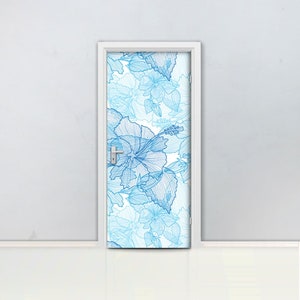 Hawaii blue flowers Door mural Self adhesive door wrap, removable peel & stick door covering, sticker door, hibiscus, seamless, pattern D#91