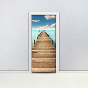 3D Maldives Pier Door mural Self adhesive door wrap, removable peel & stick door covering, sticker door, ocean, water, paradise, summer D#92