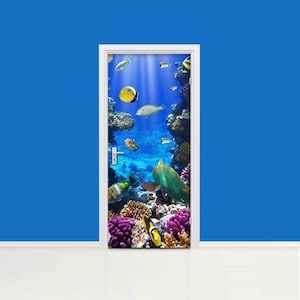 Underwater reef Door mural Self adhesive door wrap, removable peel & stick door covering, sticker door cover, coral, fish, sea, D#5