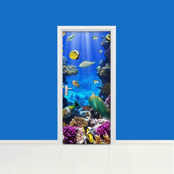 Revêtement mural auto-adhésif pour porte, récif sous-marin, revêtement de porte amovible avec pellicule de protection et autocollant, revêtement de porte autocollant, corail, poisson, mer, D#5