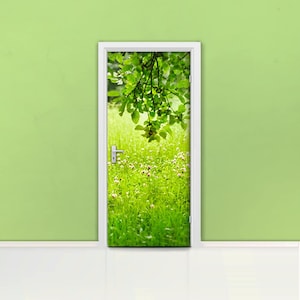 Meadow Door Mural Self adhesive door wrap, removable peel & stick door covering, sticker door cover, green, field, grass, summer, D#3