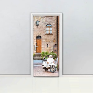 Italian street Door mural Self adhesive door wrap, removable peel & stick door covering, sticker door, scooter italy motorbike, vitage D#122