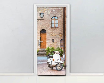 Italian street Door mural Self adhesive door wrap, removable peel & stick door covering, sticker door, scooter italy motorbike, vitage D#122