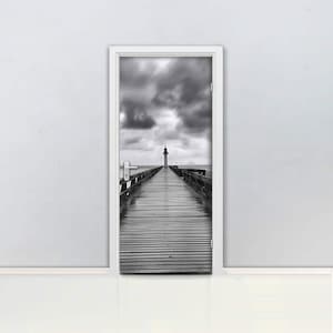 Retro pier Door mural Self adhesive door wrap, removable peel & stick door covering, sticker door, Lighthouse, sea, ocean, dark D#104
